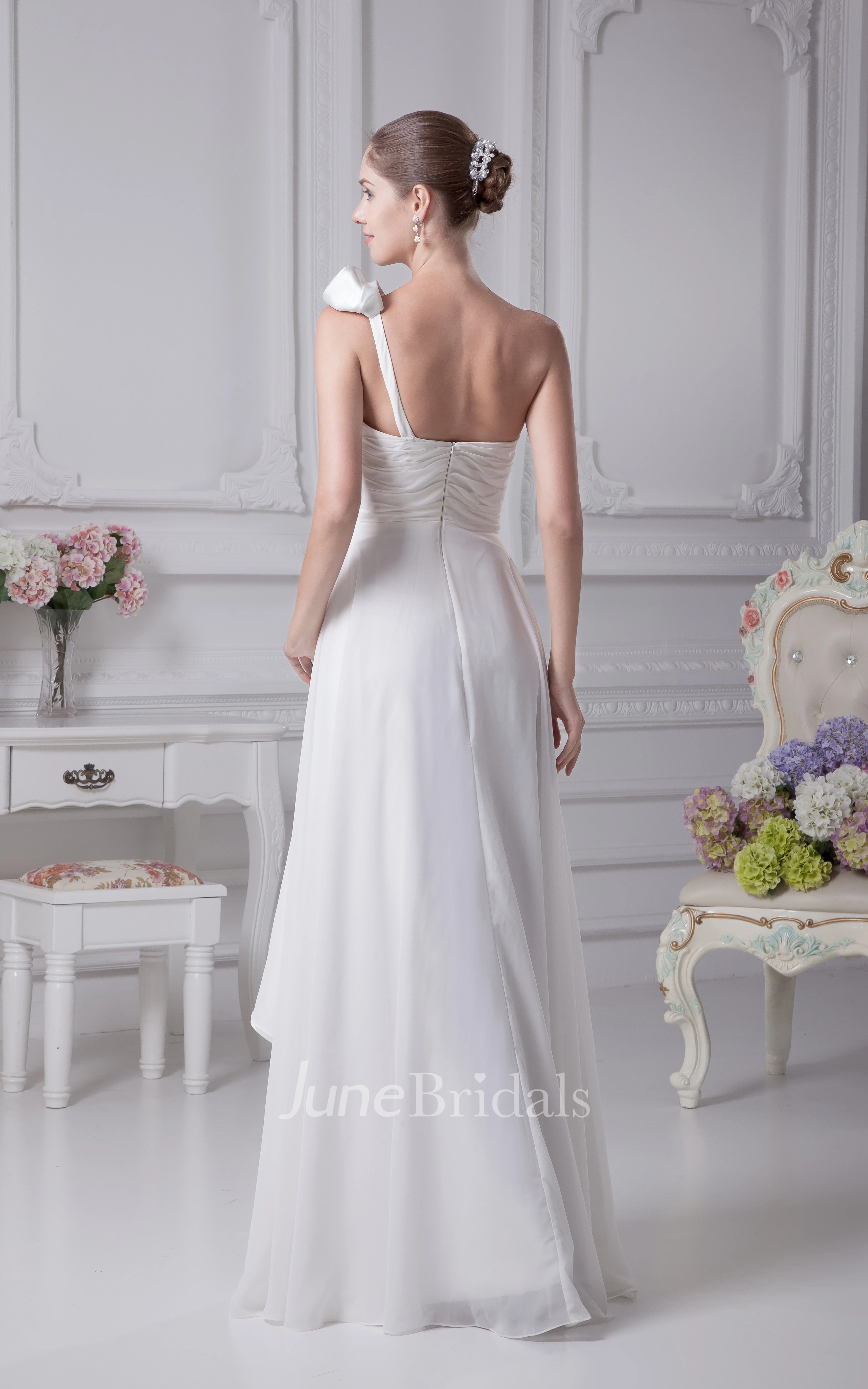 One-Shoulder Chiffon Ruched Floor-Length Dress With Draping