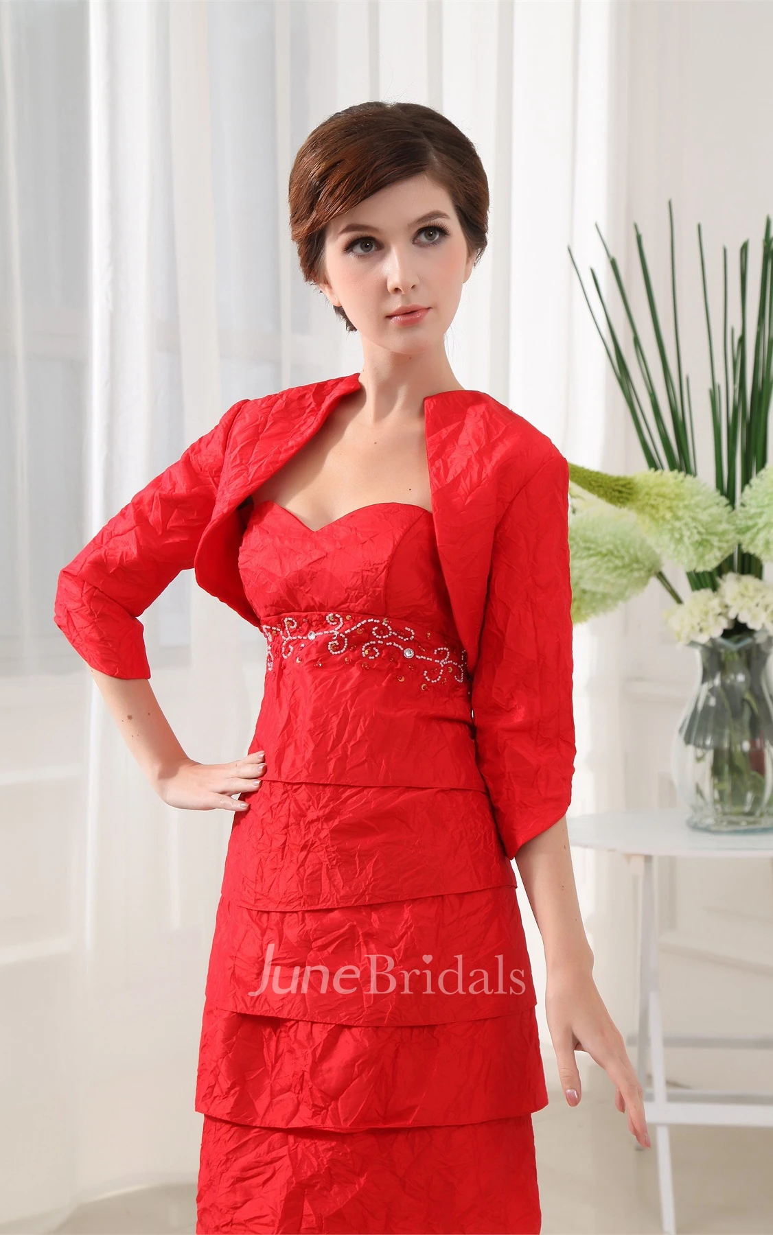 Short Sweetheart Layered Taffeta Dress with Beaded Empire Waist and Detachable Jacket