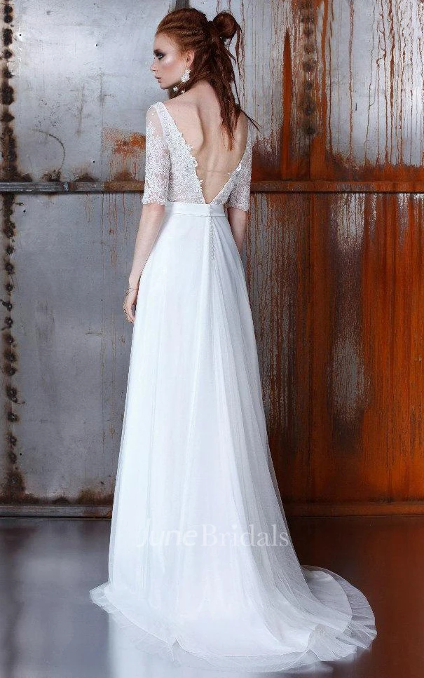 Bateau Half Sleeve Floor-Length A-Line Dress With Lace