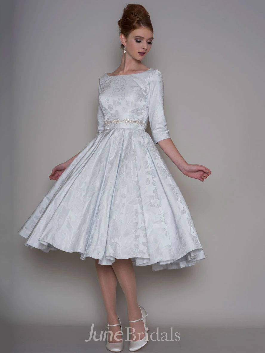 A-Line Tea-Length 3-4 Sleeve Bateau Neck Jeweled Satin Wedding Dress