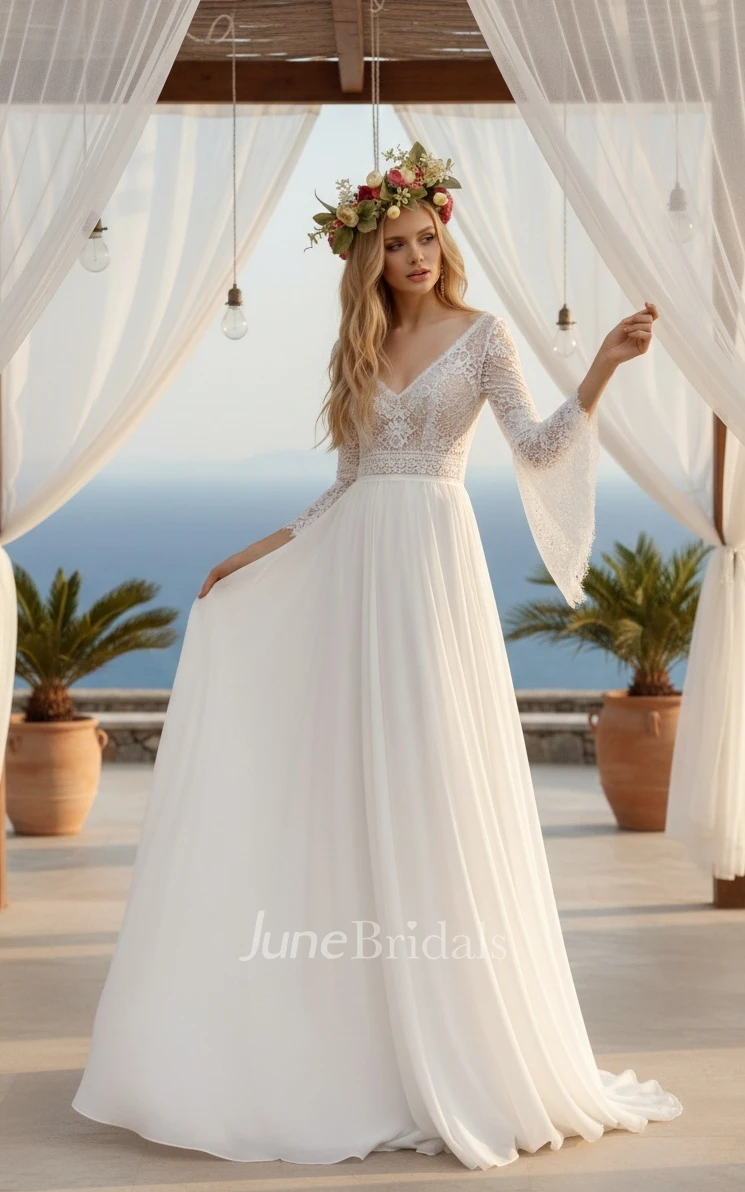 Bohemian Elegant A-Line V-Neck Lace Chiffon Warm Wedding Dress Backless with Bell Sleeves