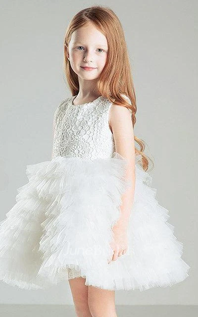 Ruffled Sleeveless Scoop Tulle&Lace Dress With Tiers