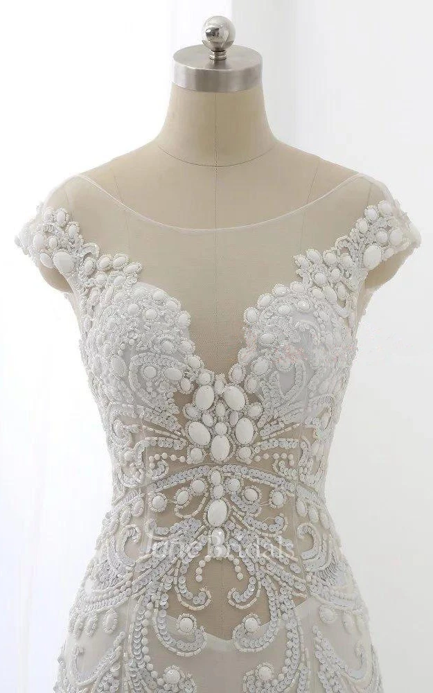 Trumpet Cap Sleeve Tulle Dress With Beading&Sequins