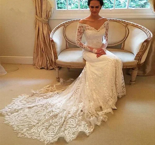 Gorgeous Mermaid Off-The-Shoulder Lace Trumpet Boho Spring Wedding Dress Glamorous Long Sleeves Court Train Gown