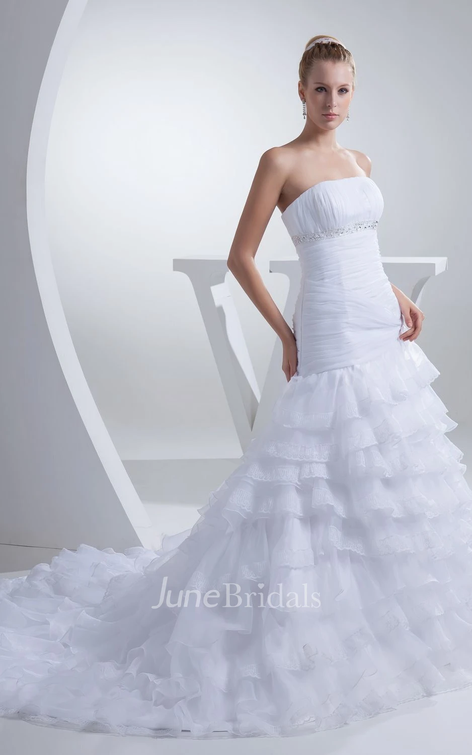 Gorgeous Strapless Ruched A-Line Dress With Tiers and Beading