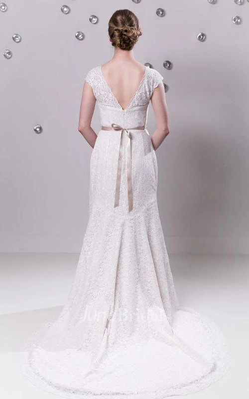 Long High Illusion Neck Lace Wedding Gown With Beaded Waist
