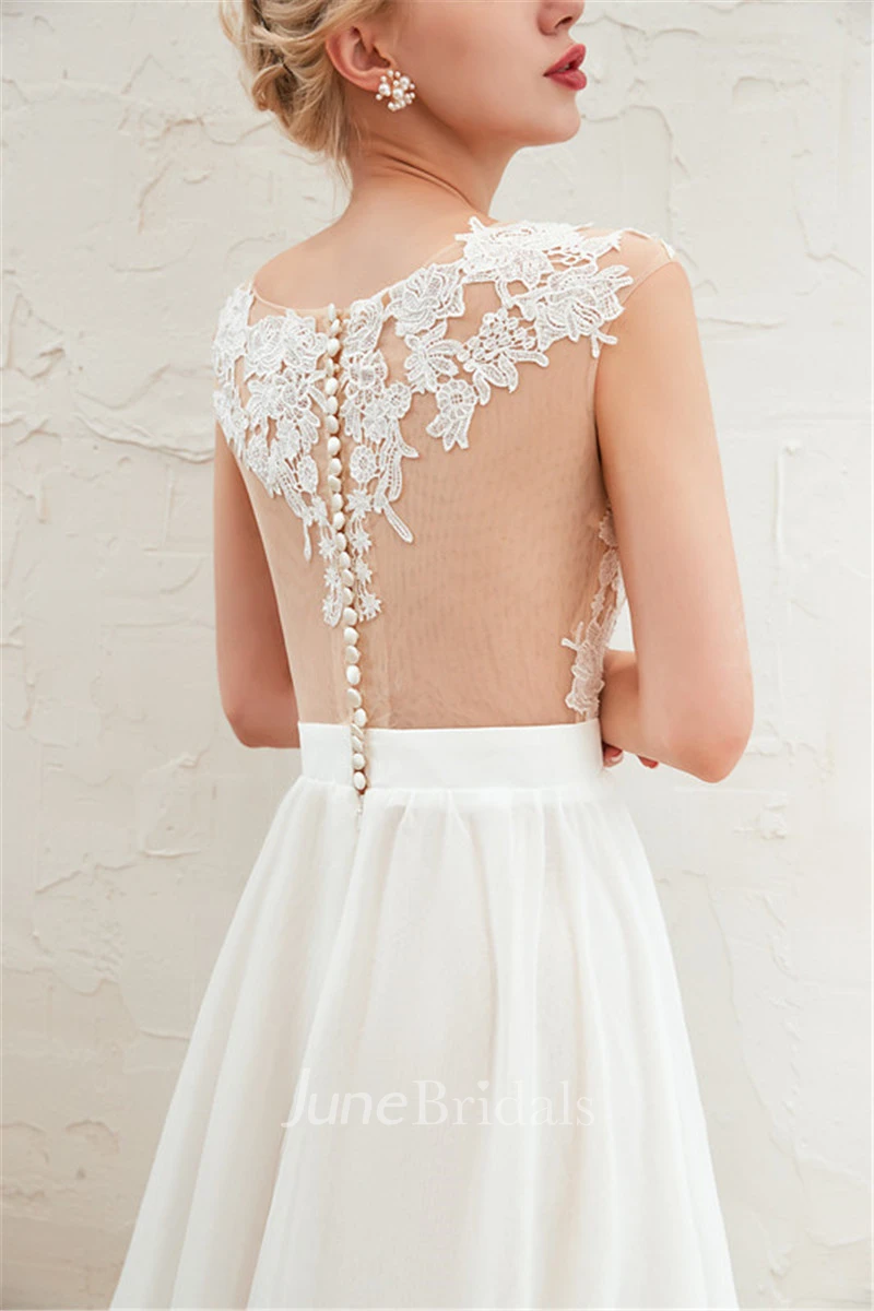 Cap Sleeve Elegant A-line Split Front Illusion Lace Appliqued Chiffon Bridal Gown