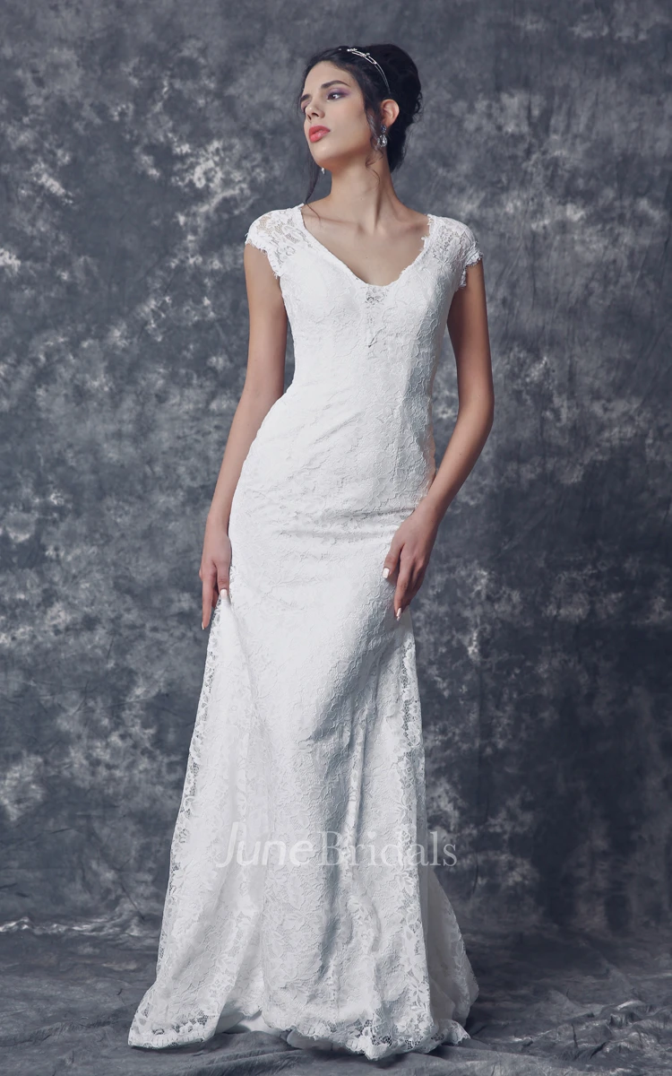 Sassy Low-v Neck Mermaid Lace Gown With Cap Sleeves