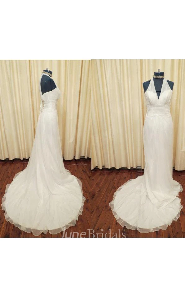 Halter Empire Sheath Chiffon Wedding Dress With Ruching And Lace-Up Back