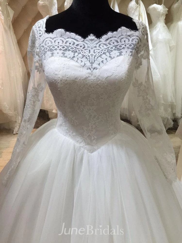 Bateau Neck Long Illusion Sleeve Tulle Ball Gown With Lace Hemline