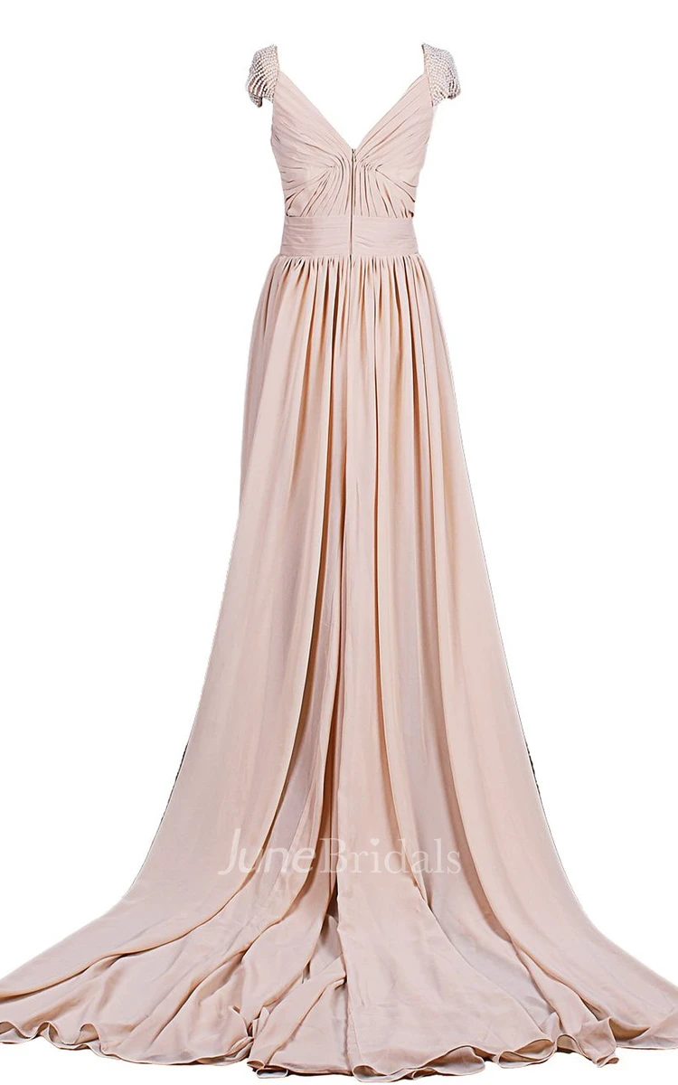 Cap-sleeve Drapped Beaded A-line Gown With Chapel Train