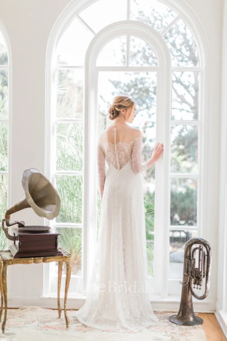 Sheath Off-The-Shoulder Floor-Length 3-4-Sleeve Lace Wedding Dress