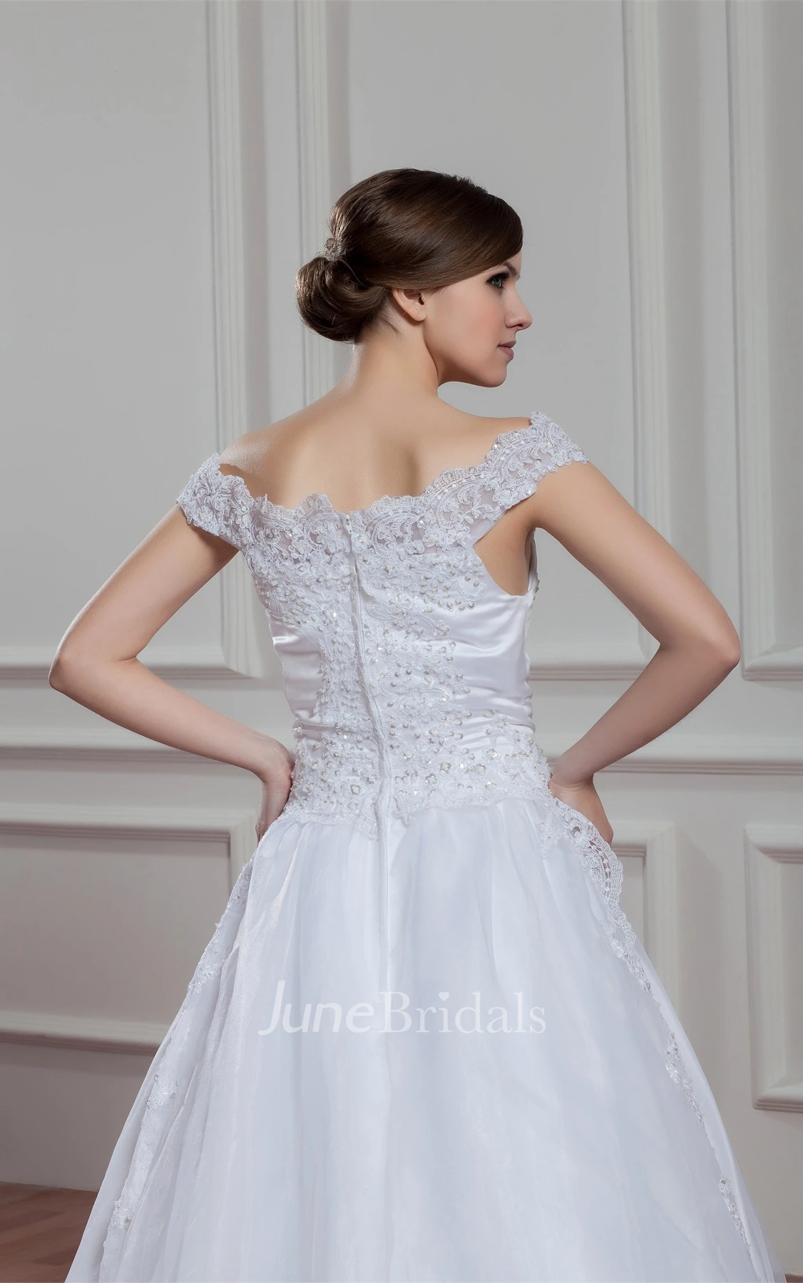 Off-The-Shoulder A-Line Appliqued Gown with Pleats