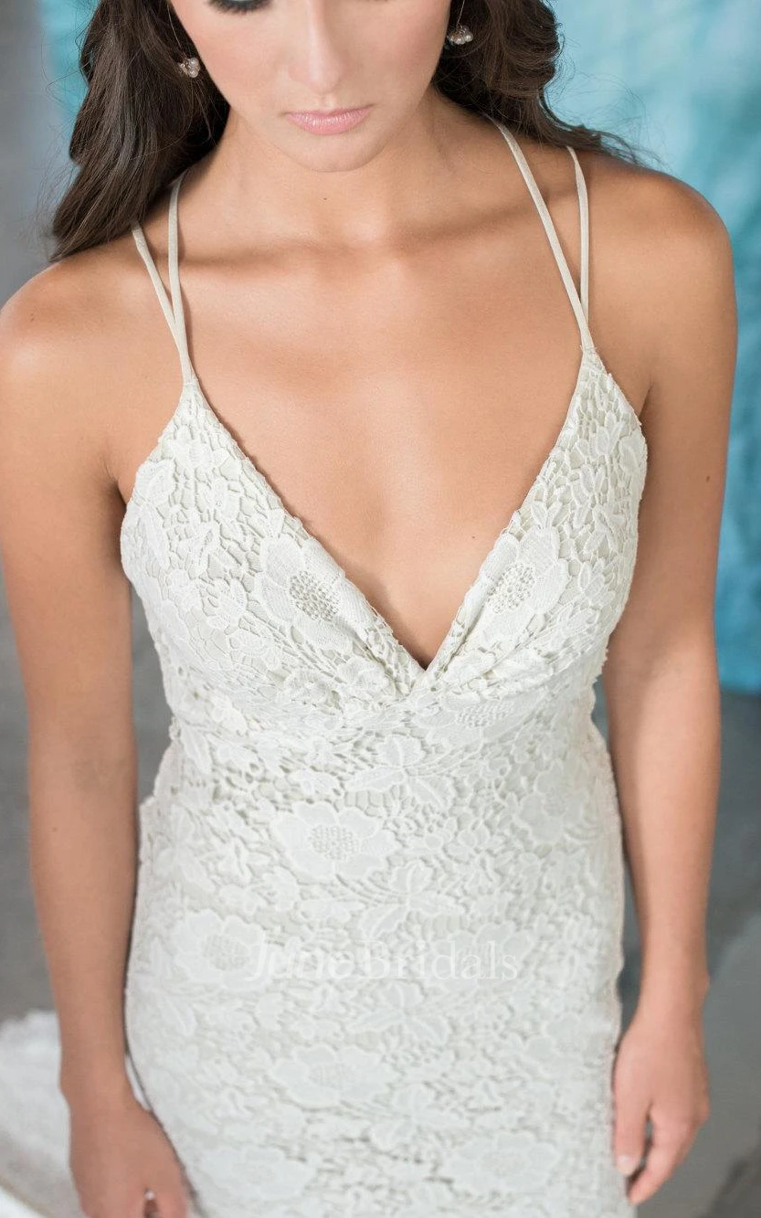 Trumpet Spaghetti Strapped V-Neck Cap Sleeve Lace Dress With Zipper