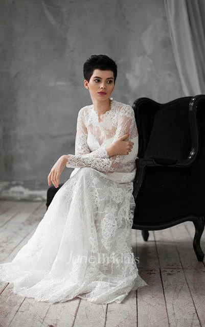 Natural Long Sleeve Lace Weddig Dress