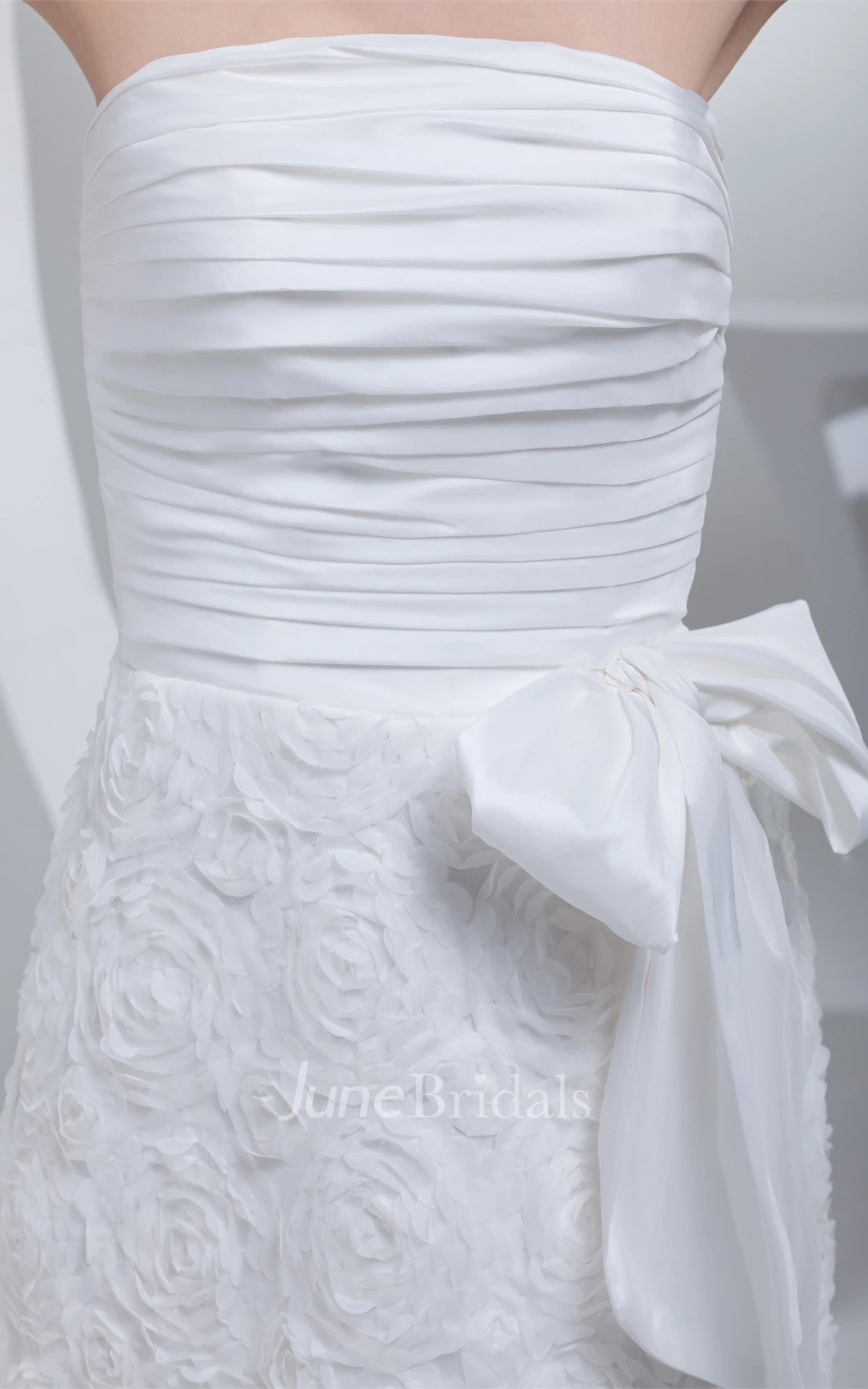 Strapless Knee-Length Appliqued Dress with Ruching and Wrap