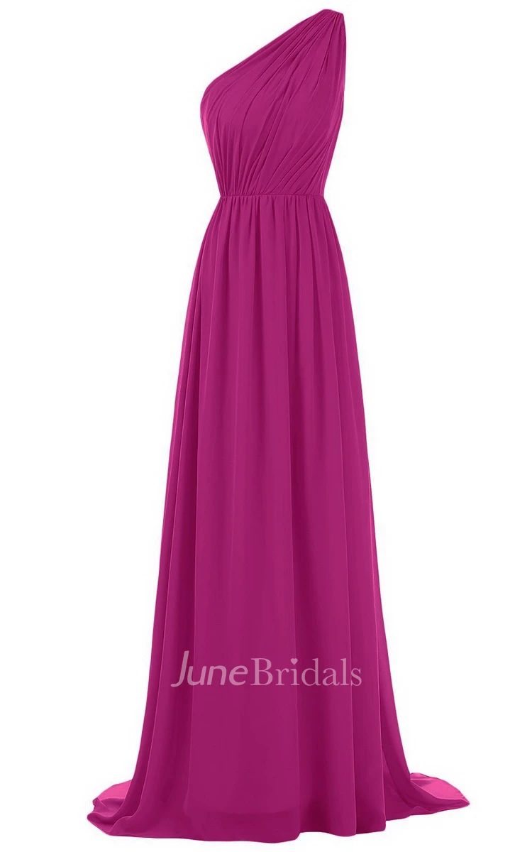 Chic One-shoulder Pleated Chiffon A-line Gown With Train