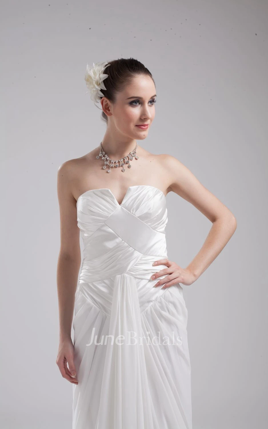 Strapless Notched Pleated Dress With Ruching and Brush Train