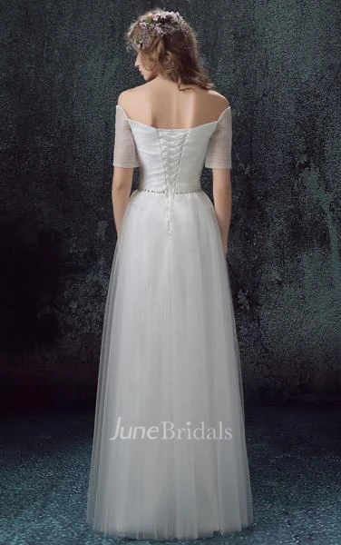 Maxi Off-The-Shoulder Lace-Up Back Lace Dress