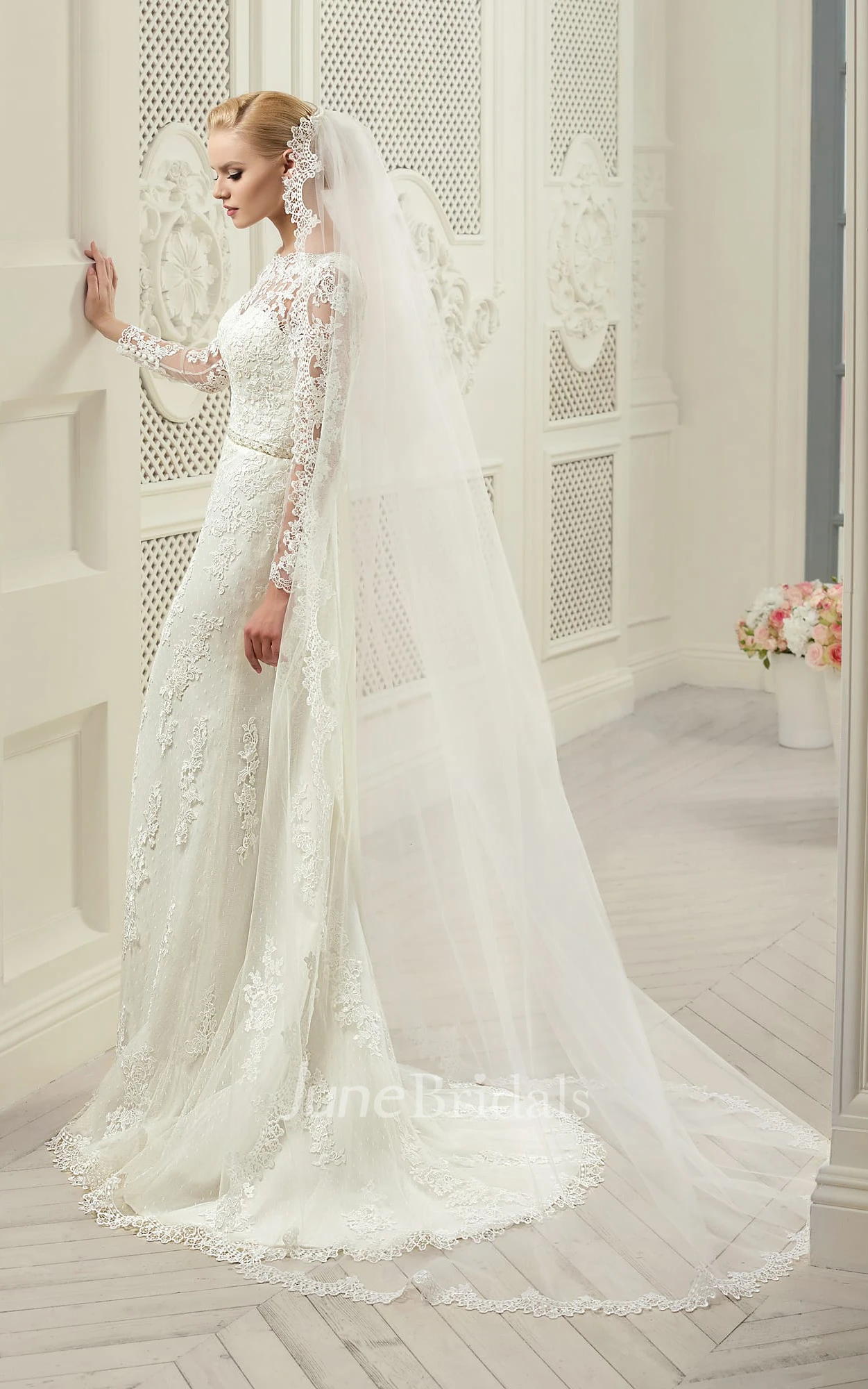 Sheath Maxi Bateau Long-Sleeve Deep-V-Back Lace Dress With Appliques And Waist Jewellery