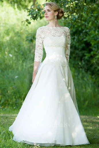 Bateau Floor-Length Lace 3-4-Sleeve Chiffon Wedding Dress