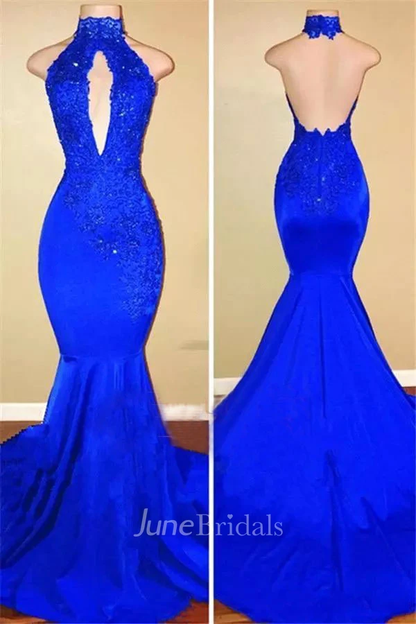 Satin Sexy Brush Train Mermaid Hater Open Back Appliques Sleeveless Dress 