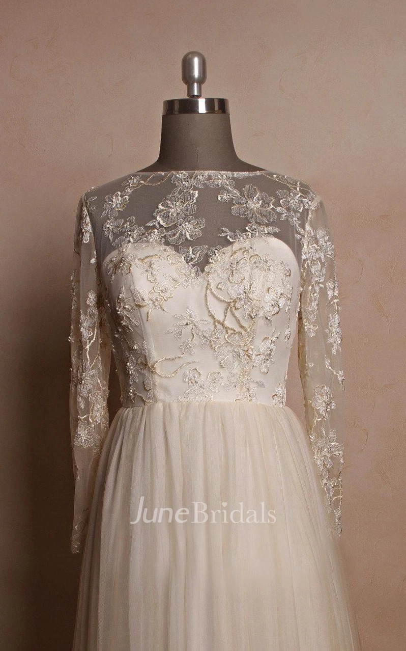 Jewel Neck Long Sleeve A-line Tulle Wedding Dress With Lace Bodice