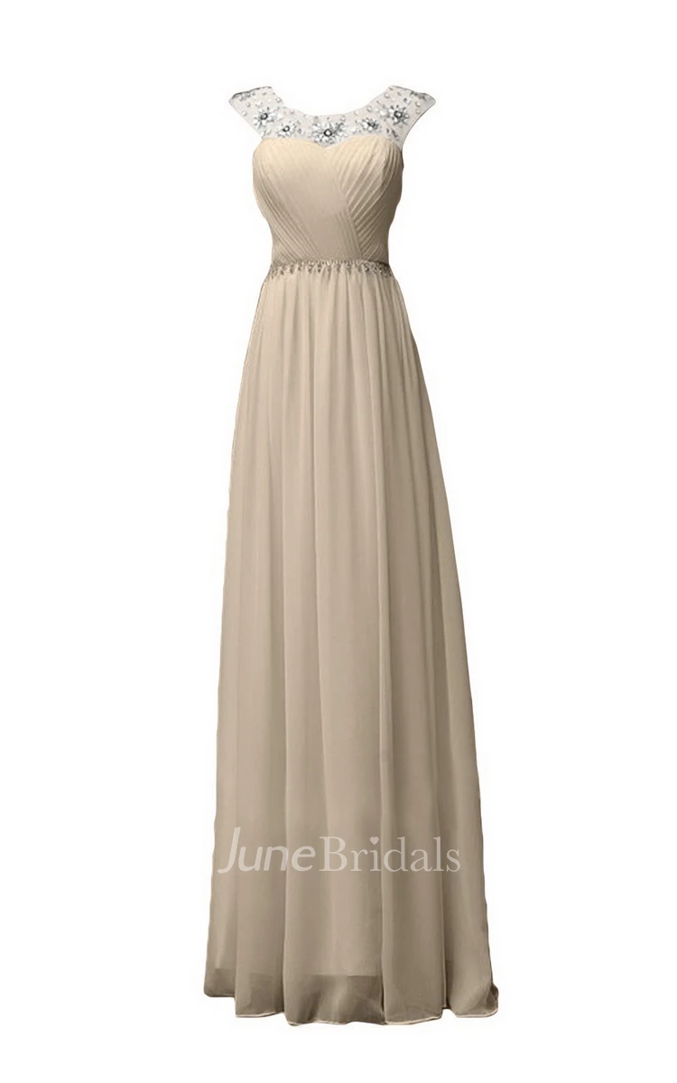 Sleeveless Long Ruffled Chiffon Dress With Beaded Neck