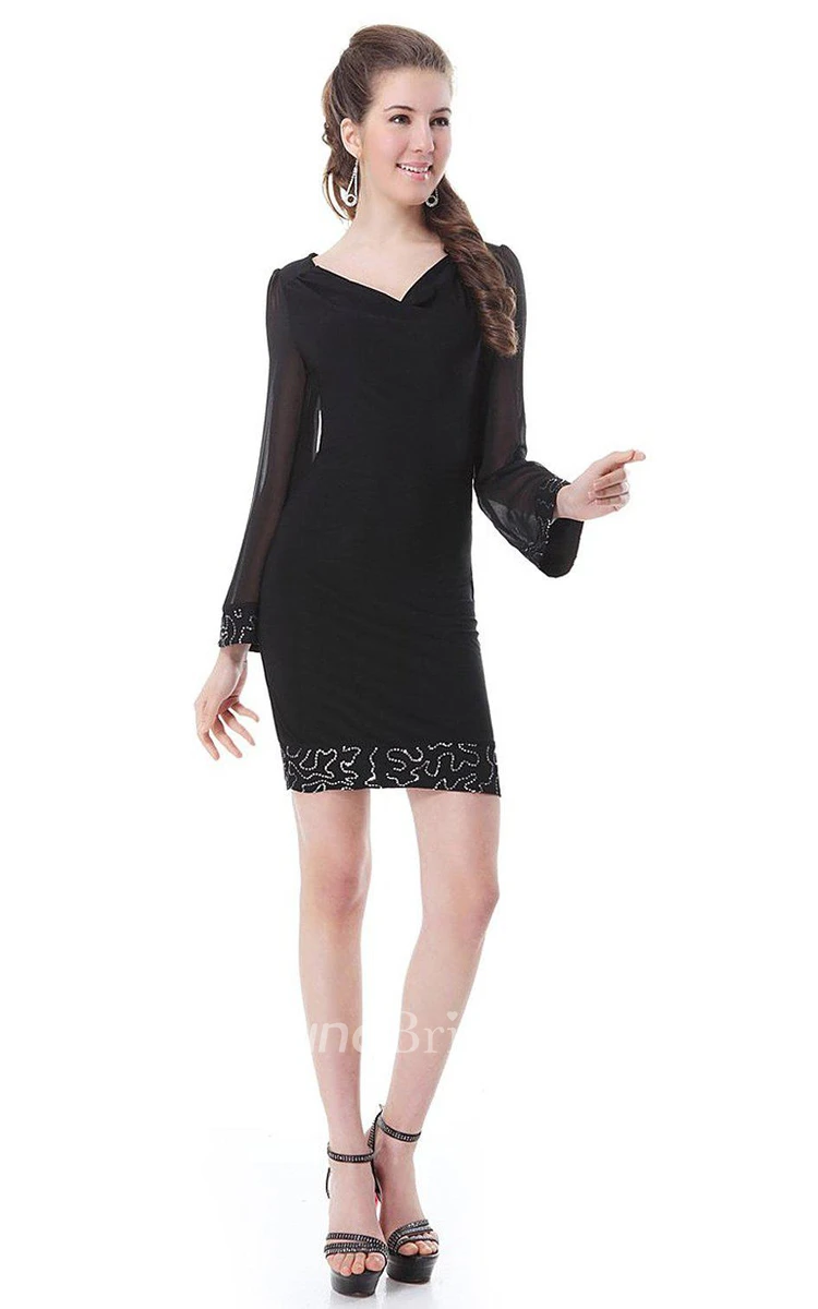 Long-sleeved V-neck Short Dress With Beadings