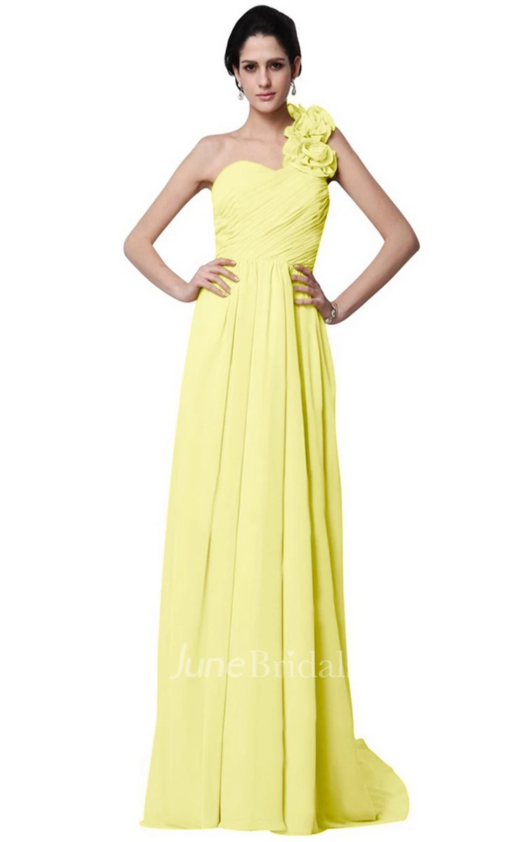 One-shoulder Long Chiffon Dress With Flowers