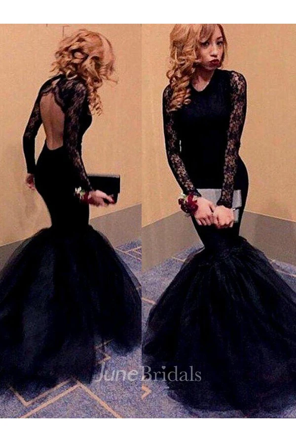 Mermaid Long Sleeves Scoop Lace Floor Length Tulle Dress Online