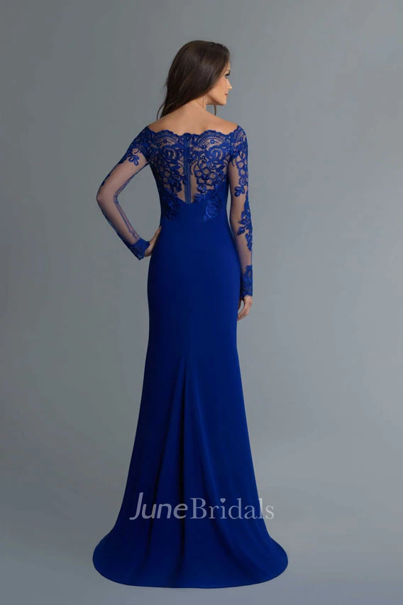 Column Split Front Lace Full-Length Off-The-Shoulder Jersey Long-Sleeve Illusion Dress