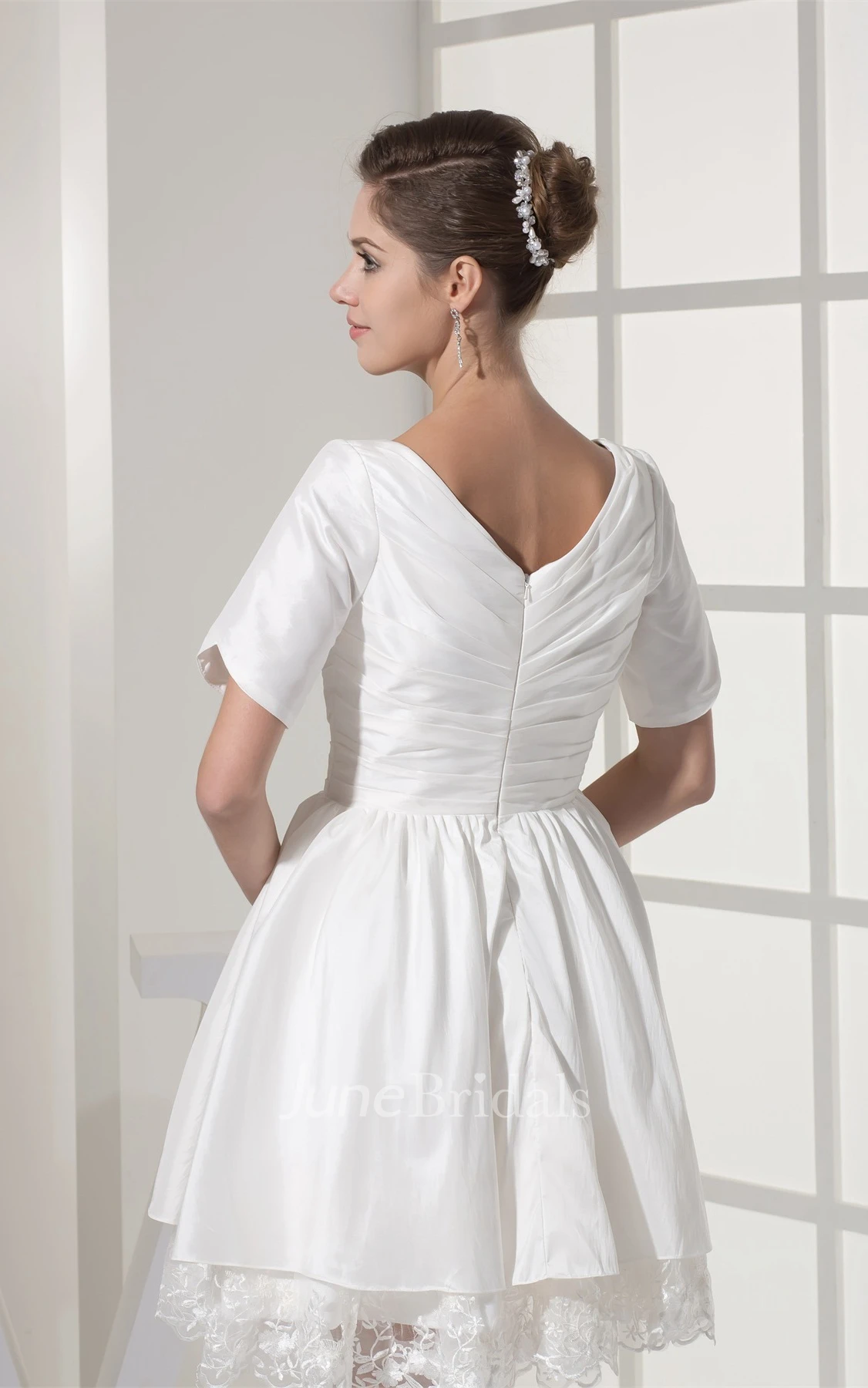 Short-Sleeve V-Neck Criss-Cross Mini Dress with Appliques