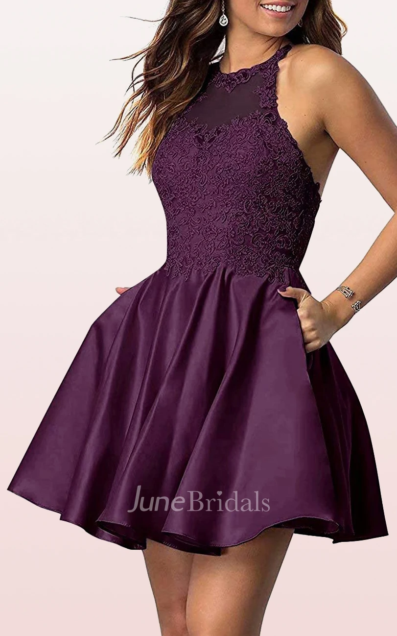 Adorable A Line Satin Lace Jewel Sleeveless Homecoming Dress with Pleats