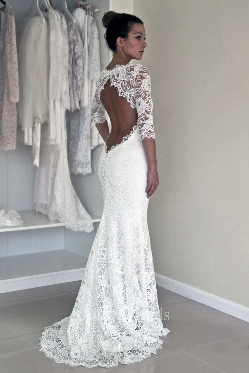 Mermaid Illusion Sleeve Satin Lace Button Zipper Keyhole Wedding Dress