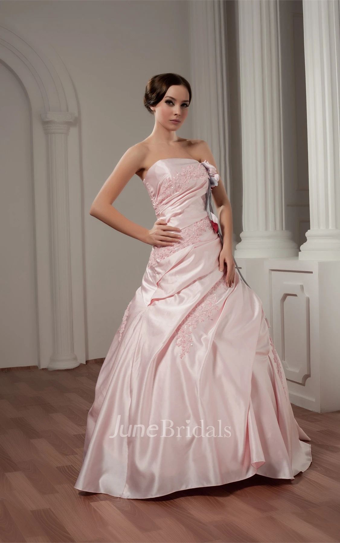Strapless Appliqued Ball Gown with Flower and Side Ruching