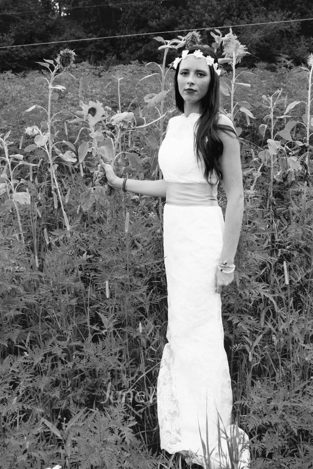 Sheath V-Back Ivory Lace Long Wedding Dress With Grey Sash and Back Buttons