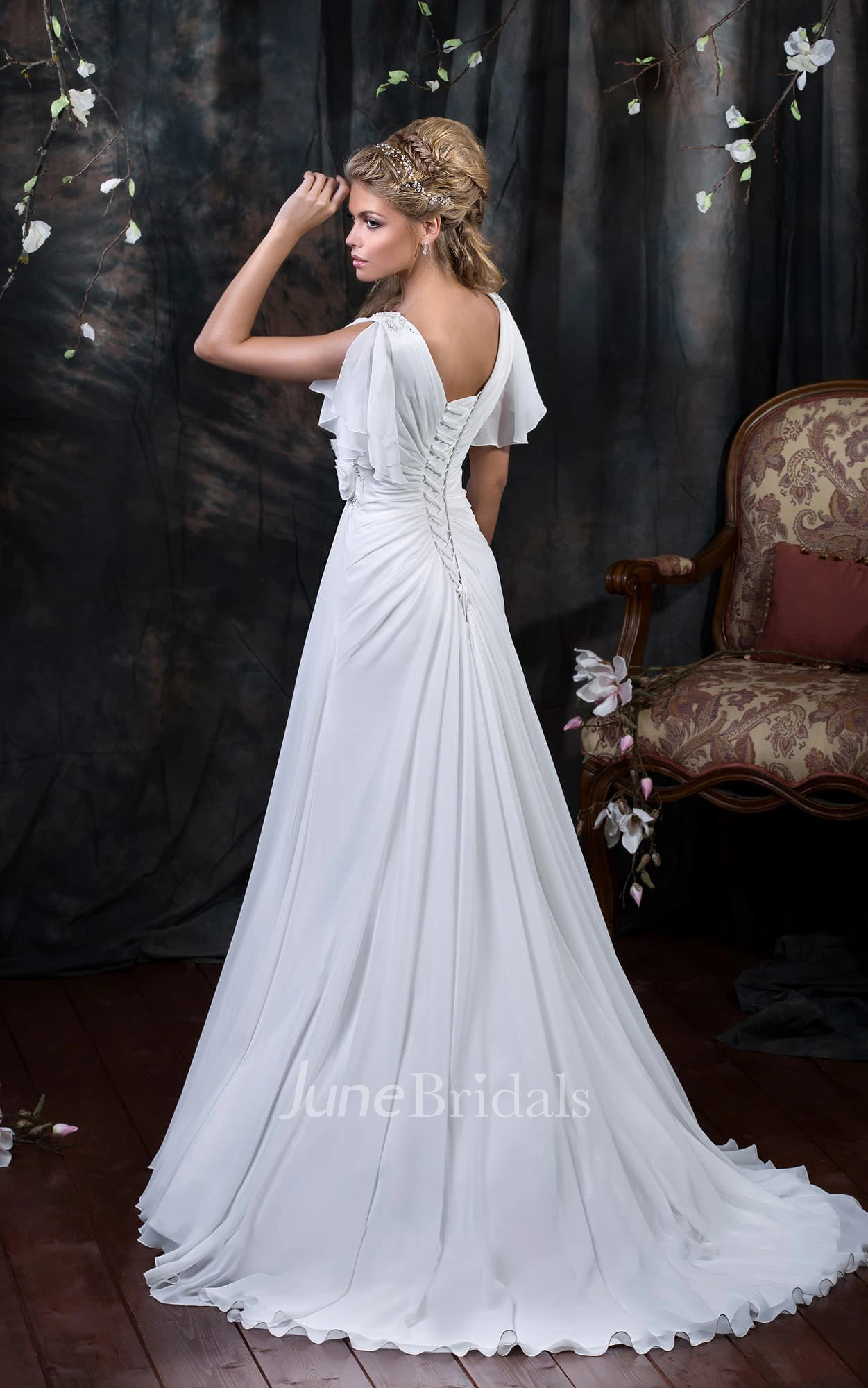 A-Line Floor-Length V-Neck Poet-Sleeve Corset-Back Chiffon Dress With Side  Draping And Flower - June Bridals