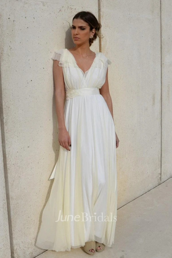 Plunged Cap-Sleeve Chiffon Tulle Ankle-Length Wedding Dress With Bow