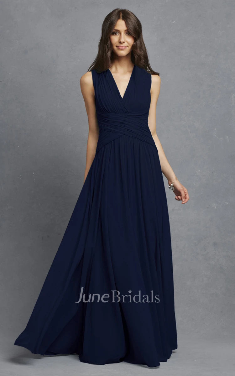 Sleeveless Chiffon V-Neck Dress With Crisscross Ruching
