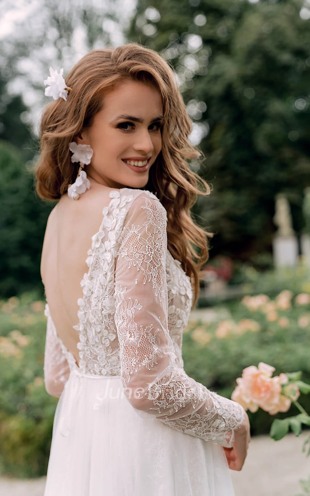 Bohemian A-Line V-neck Chiffon Lace Beach Winter Wedding Dress With Illusion Back