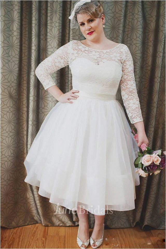 Plus Size Vintage Style Scoop Neckline 3-4 Long Sleeve Lace Tea Length Bridal Gown