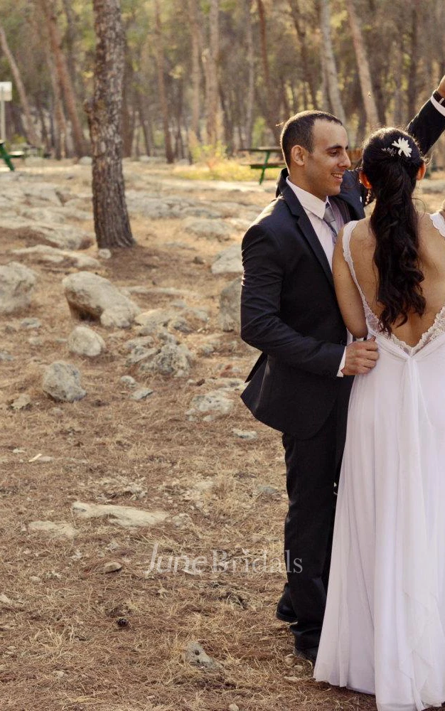 V-Neck Sleeveless Long Chiffon Dress With Lace Bodice