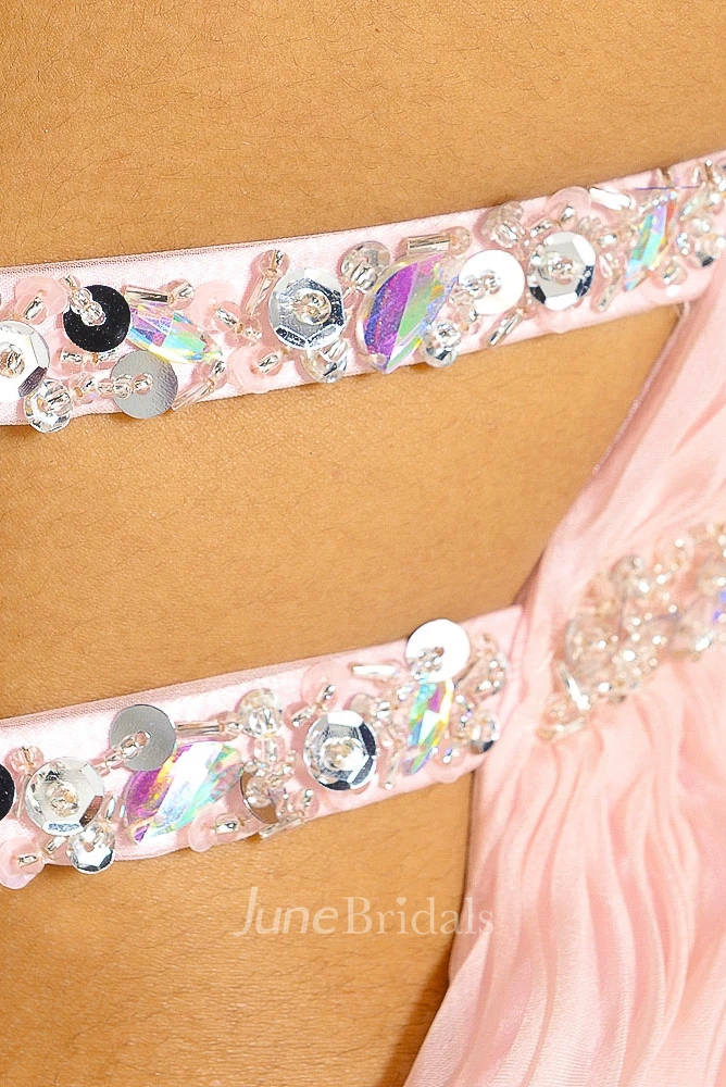 A-Line Sleeveless Maxi Beaded Sweetheart Satin Prom Dress With Straps And Ruching