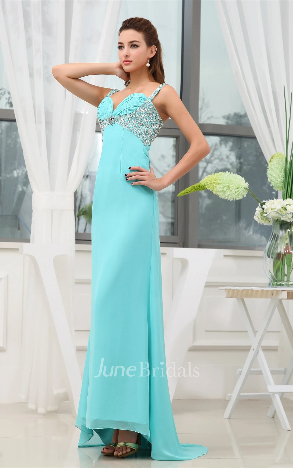 Sleeveless A-Line Spaghetti-Straps Asymmetrical Dress with Beadings