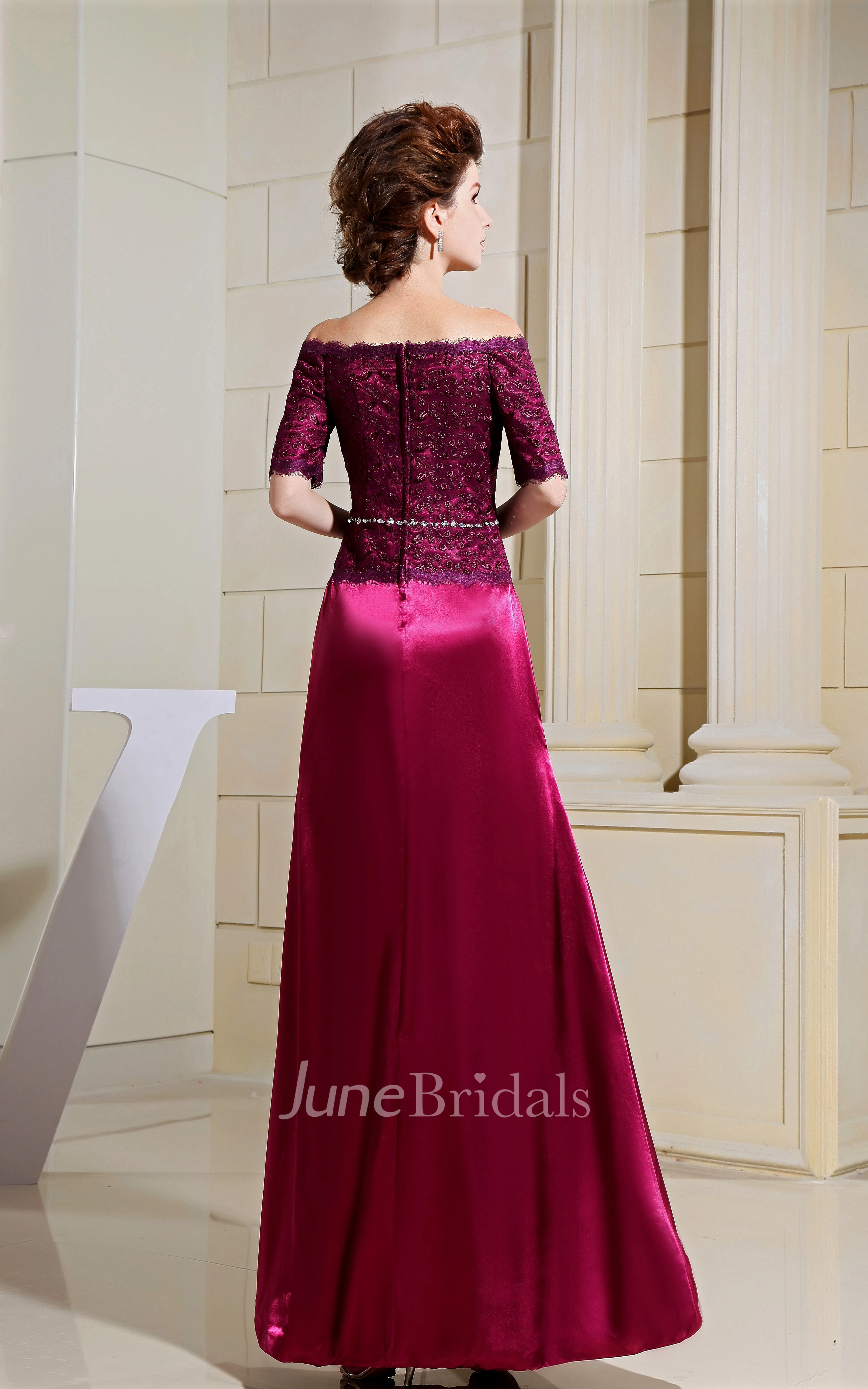 Off-The-Shoulder Short-Sleeve Satin Dress With Beaded Top