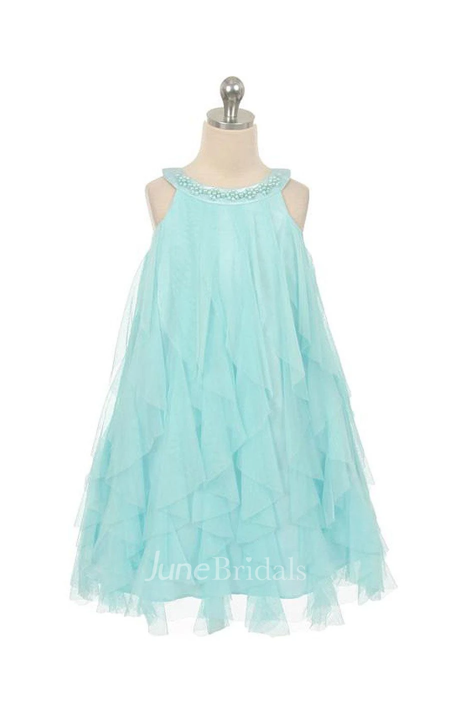 Elegant Mesh Ruffle Dress With Pearl Beading on the Neckline