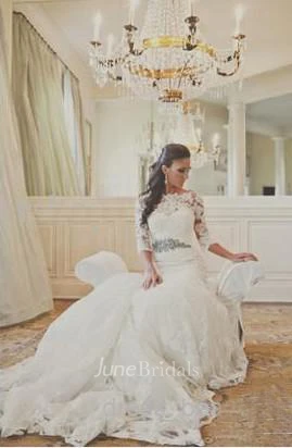 Elegant 3 4-long-sleeve Illusion Tulle Wedding Dress Lace Appliques