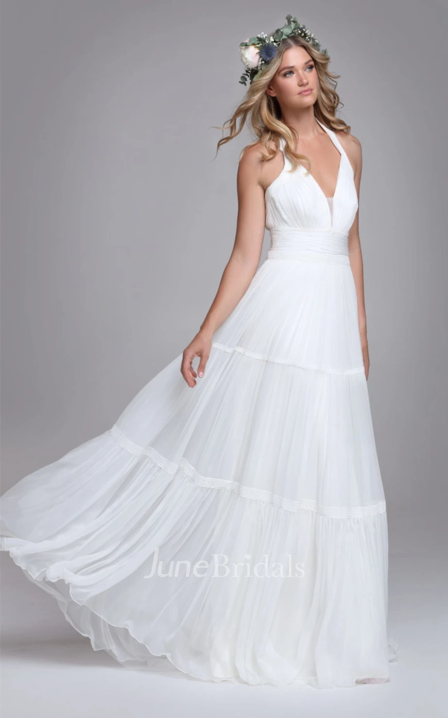 Bohemian Halter A Line Tulle Brush Train Wedding Dress with Ruching