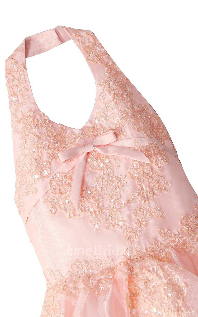 Sleeveless Halter A-line Dress With Appliques and Sequins